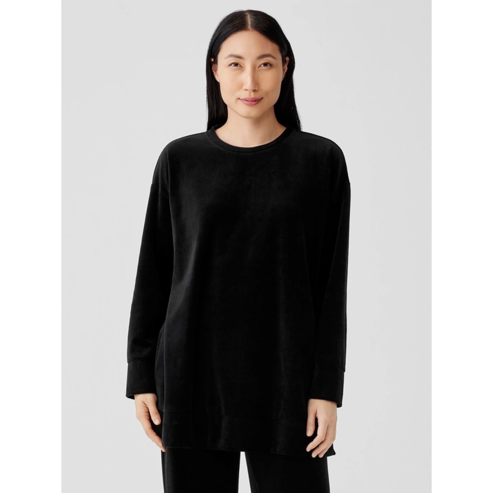Eileen Fisher Cotton Velour Crew Neck Long Top Boxy Fit Black Sz Medium